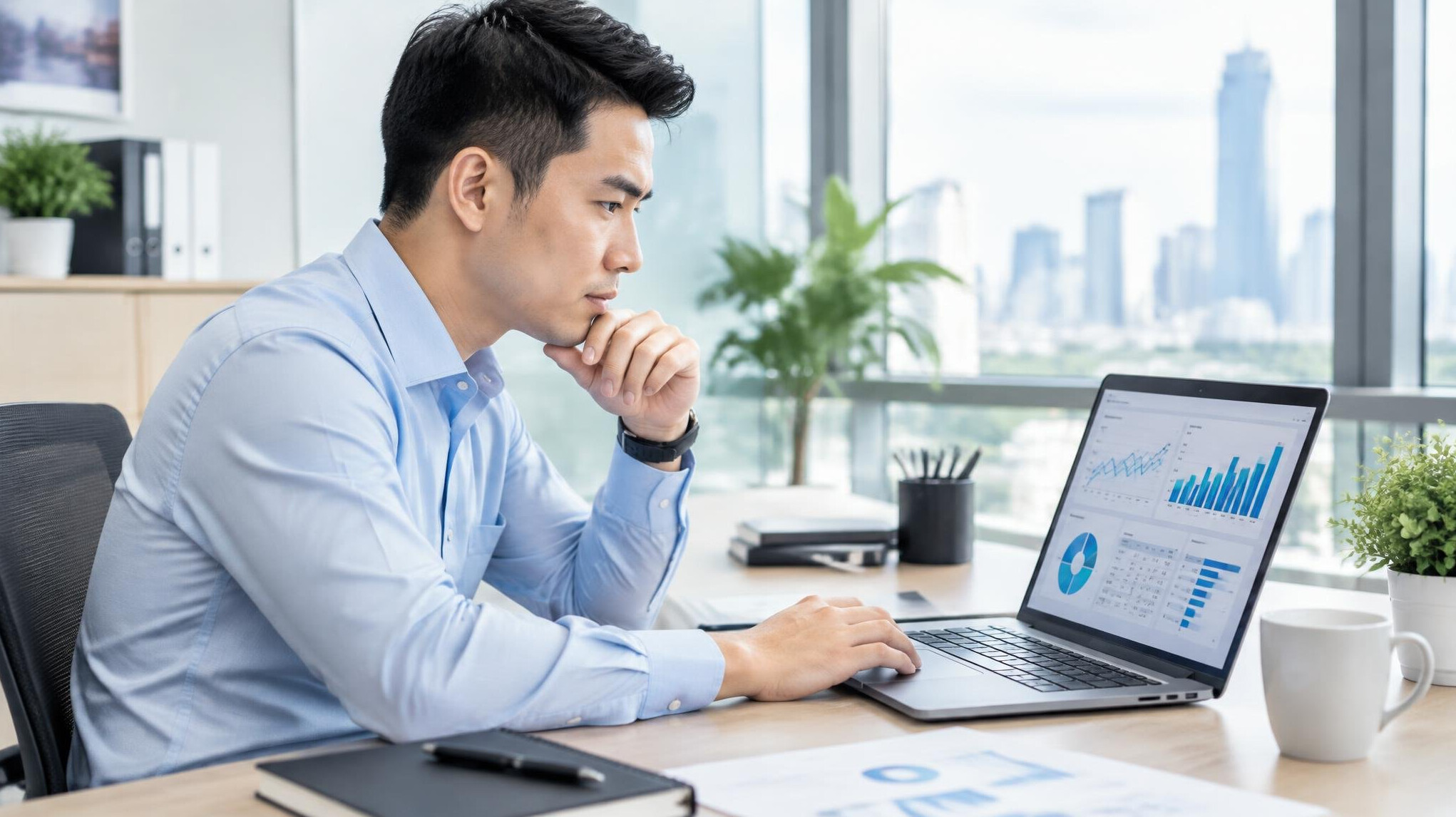 Malaysian insurance technology analyst reviewing data on a laptop in a modern office