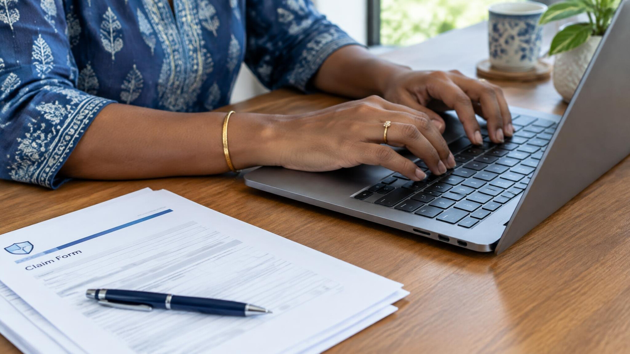 Close-up of hands typing on a laptop keyboard reviewing insurance claim documents